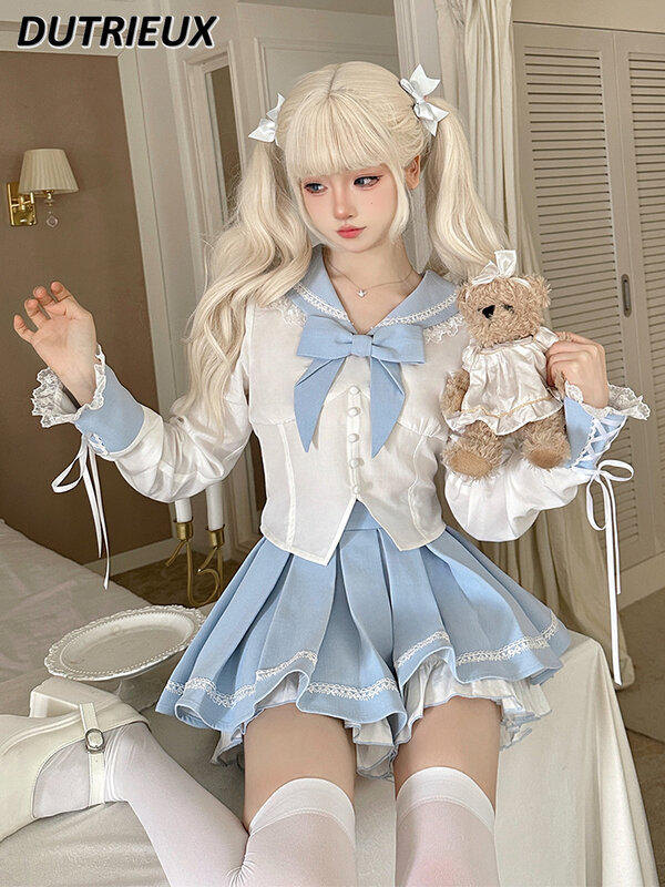 Sweet Girl Blue White Color Block Preppy Style Sailor Suit Long Sleeve Waist JK Uniform Shirt and Short Pleated Skirt