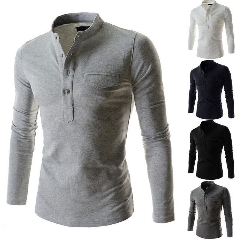 Casual Warm Men's Buttons Stand Henley Neck T-Shirt Elastic Long-Sleeve Solid Color Slim Fit Pullover Tops T-Shirts Man Clothing