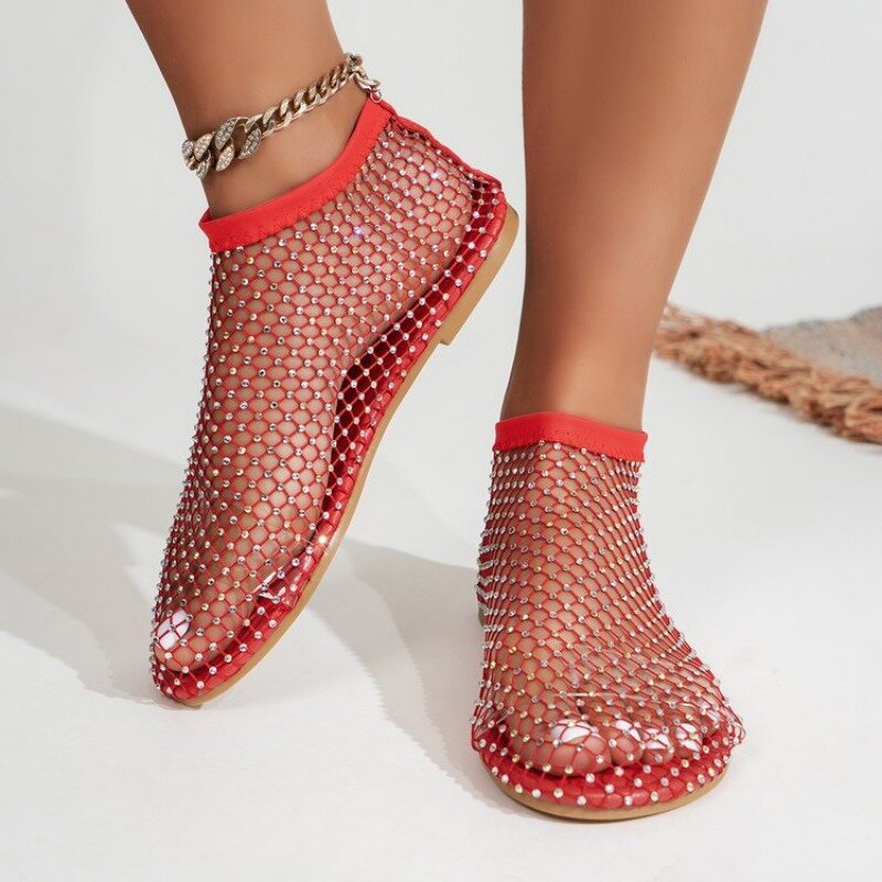 2024 letnie damskie nowe luksusowe sandały z okrągłym noskiem płaska podeszwa krótkie seksowne buty płaska podeszwa