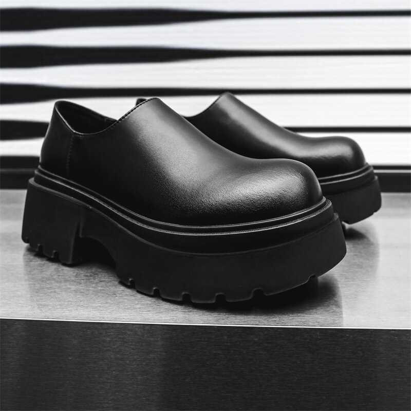 Mocasines de estilo callejero para Hombre, zapatos de cuero negro con aumento de altura, para uso diario, diseño Original, novedad de verano, #38-44