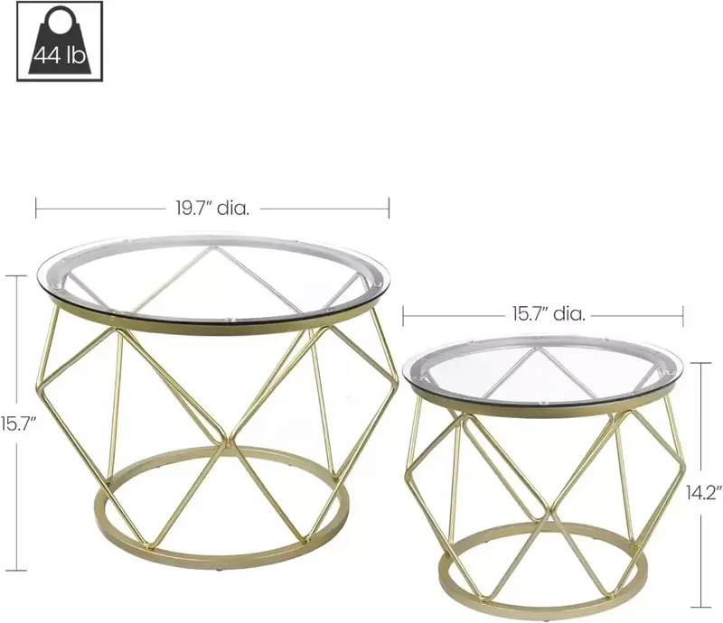 New Gold Coffee Table, Round End Table Set of 2, Coffee Table with Metal Frame and Tempered Glass Top, Modern Accent Side Table