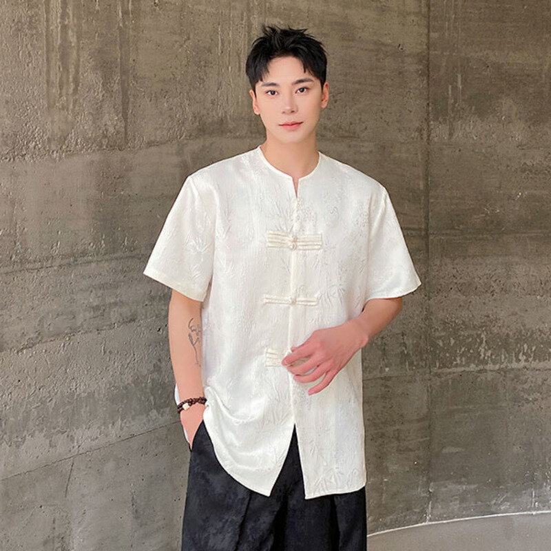 IEFB Summer Shirt Men's Chinese Style Single Breasted Jacquard Buckle O-neck Short Sleeve Vintage Solid Color Top 2024 9C5859