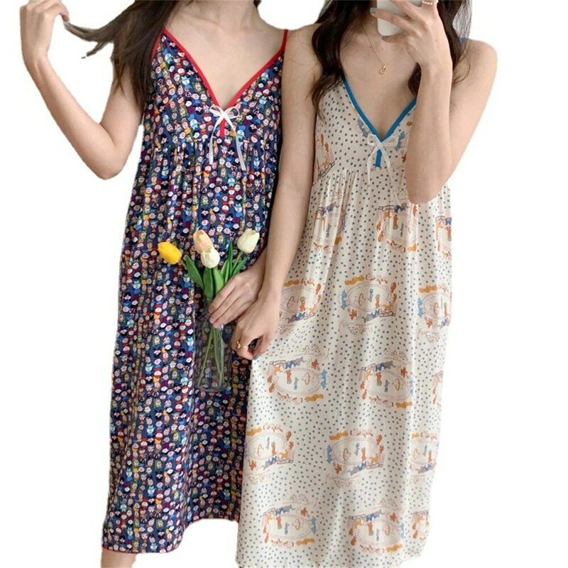 여성용 슬링 브이넥 나이트드레스, 섹시한 프린팅 잠옷, 느슨한 잠옷, 얇은 통기성 비스코스 홈웨어, 여름 잠옷