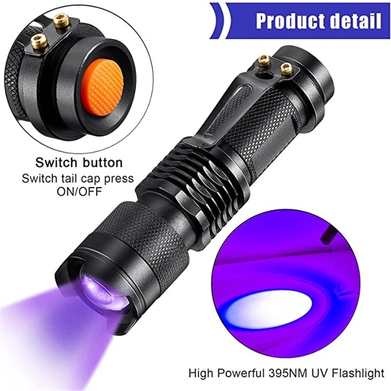 Светодиодная УФ-вспышка, портативная ультрафиолетовая мини-лампа для обнаружения скорпионов, 365/Нм