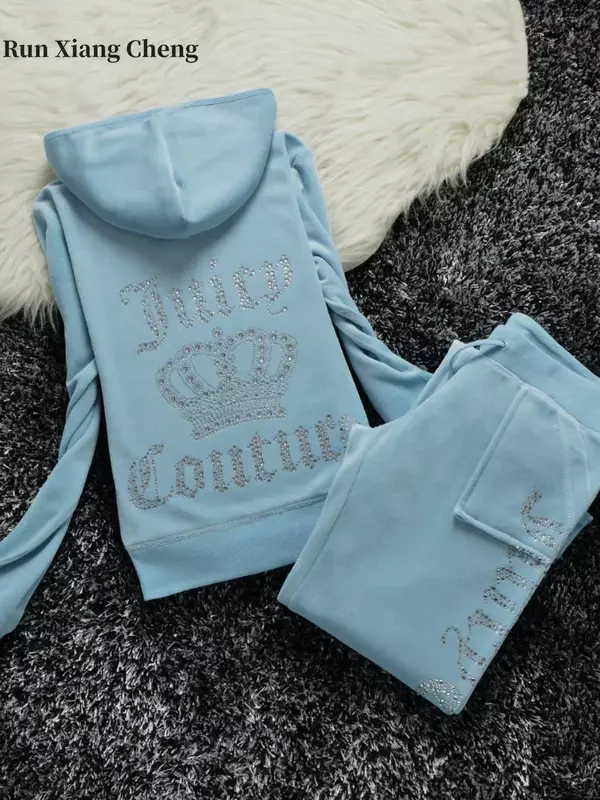 Women's Tracksuit 2023 New Chic and Elegant Hooded Golden Velvet Crown Rhinestones Letters Leisure Sports Suit Two-piece Suit