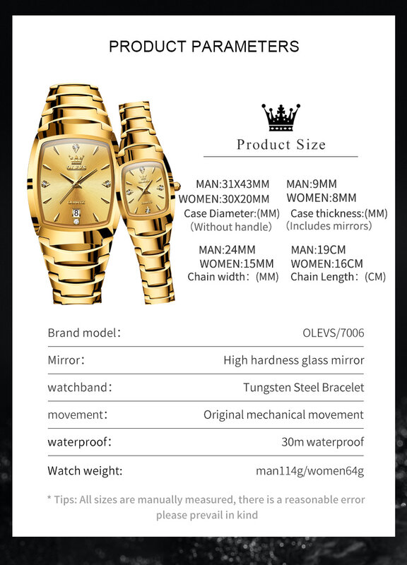 OLEVS 7006 커플용 오리지널 쿼츠 시계, 텅스텐 스틸 다이아몬드 골드 시계, 방수 선물, 그녀의 시계 세트, 커플 시계
