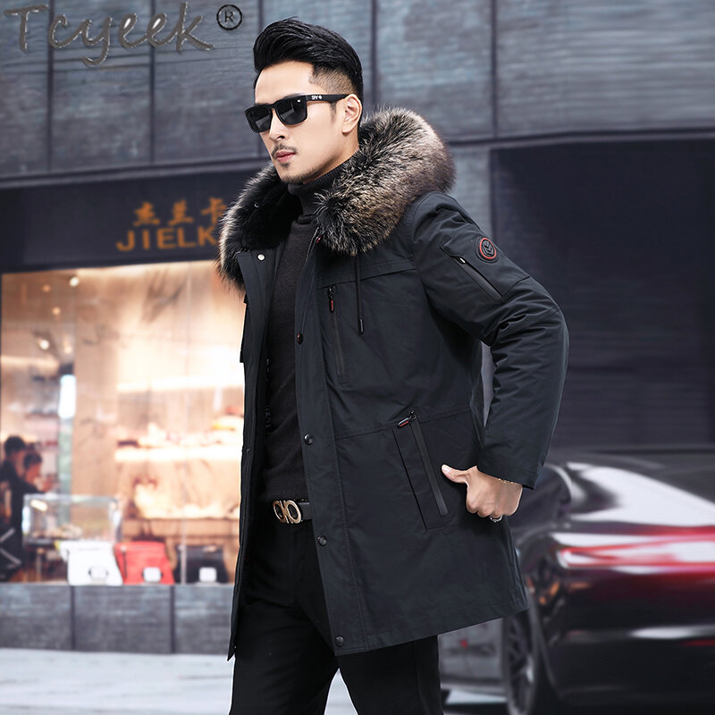 Tcyeek-男性用の本物のウサギの毛皮の裏地付きコート,ミドル丈のパーカ,アライグマの毛皮の襟,暖かい冬のジャケット,ファッション2023