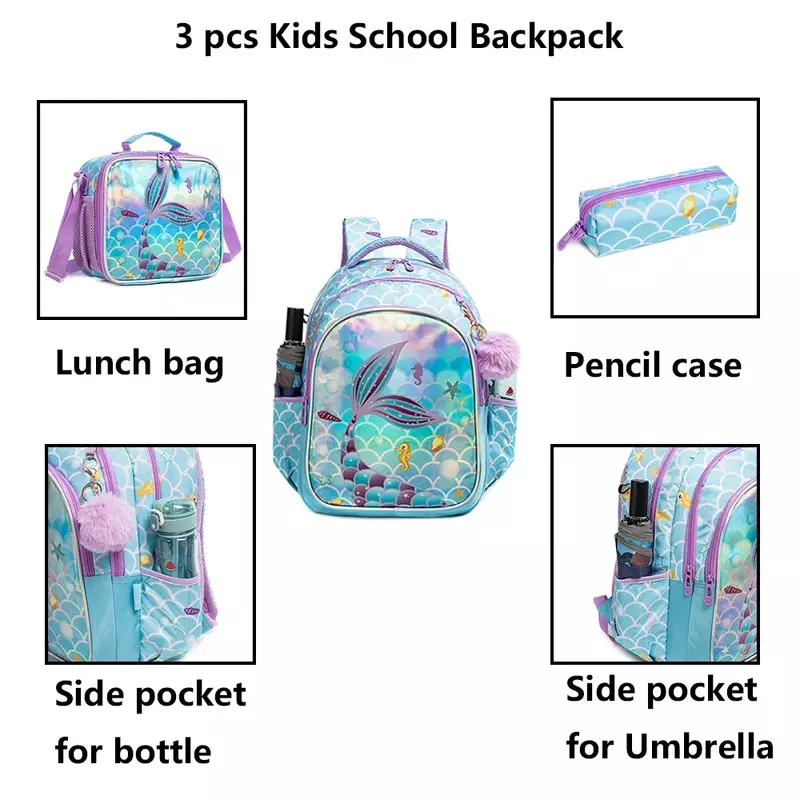 학교 청소년용 방수 배낭 세트, 배낭 인어 만화 가방, 어린이 학교 가방 용품