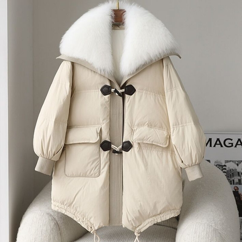 Mantel bulu angsa imitasi untuk wanita, mantel kancing musim dingin dengan tanduk sapi, mantel panjang Medium, mantel bulu rubah imitasi gaya baru