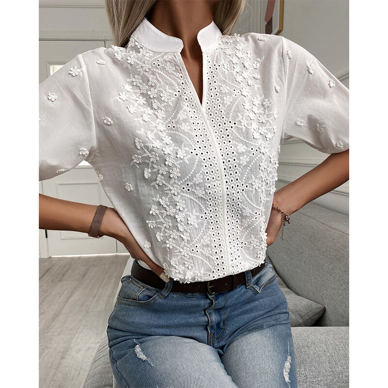 Шикарная однотонная кружевная блузка с V-образным вырезом, повседневная женская рубашка с цветочным узором и вышивкой, полухлопковые топы с рукавами-фонариками