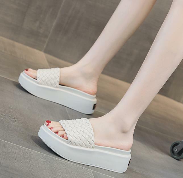 6cm Slippers Slides Mules Weave Genuine Leather Ladies Casual Fashion Women Slip on Sandle High Brand Platform Wedge Shoes