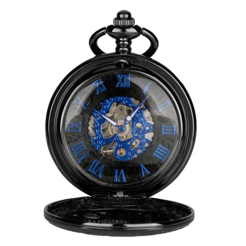 Antique Gear Relógio Mecânico, Oco, Azul, Sekeleton, Handwinding, Relógio FOB, Roman Number, Gancho Cadeia, 38cm, Moda
