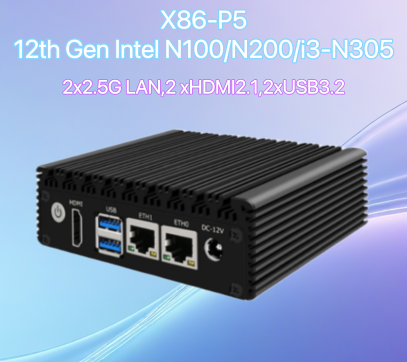 Mini PC Fanless pequeno, router macio industrial, computador do Firewall, Fanless, Intel N305, núcleo do quadrilátero, 2x i226-V, 2.5G Nics, 2xUSB3.2, 2xHDMI2. 1