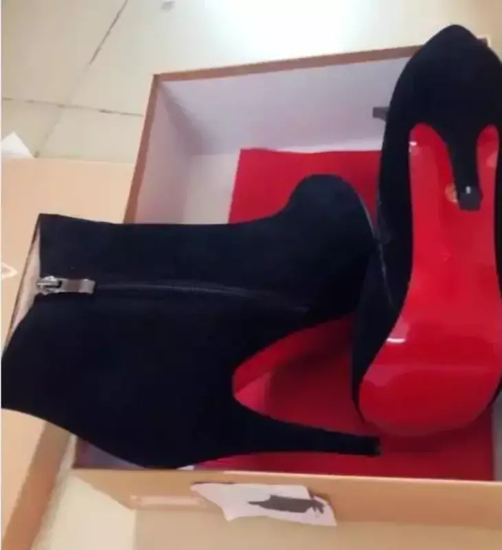 Sepatu bot pendek kualitas tinggi Fashion mewah 10cm sepatu sol merah kristal seksi untuk wanita sepatu ujung bundar sepatu pesta Modern musim gugur