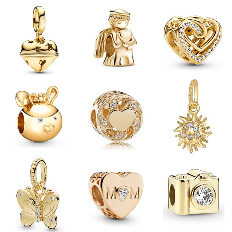 Abalorios de la serie de Color dorado, colgante de corazón de flor de diamante Chapado en plata 925, compatible con pulsera Pandora, collar, llavero, joyería artesanal