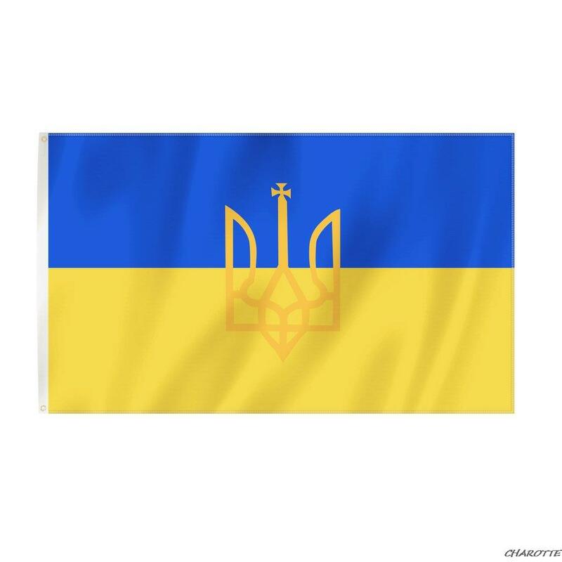 Ukraine Ukrainian People's Republic Flag With Coat of Arms 100D Polyester Custom Brass Grommets National Printed Flags