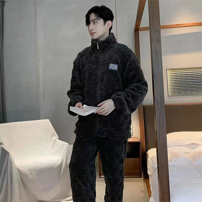 2024 Winter Warm Men Pajamas Set Stand Collar Fluffy Coat and Long Pants Coral Fleece Sleepwear Men's Plaid Home Clothes