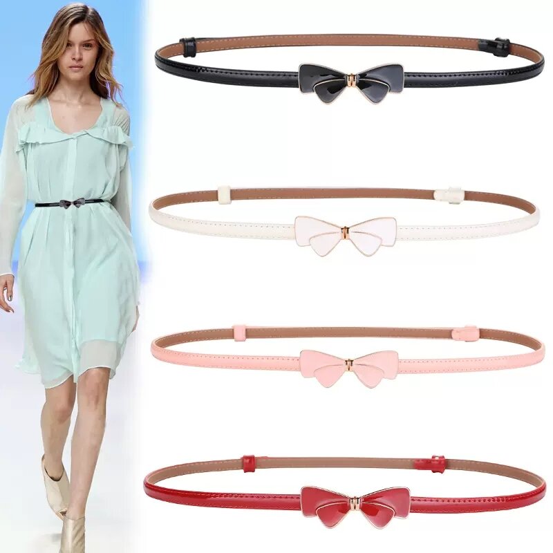 Simple bow leather belt adjustable thin belt for women 2024 new dress metal jeans waist chain accessories women belt