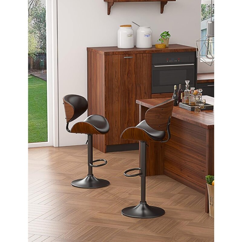 Obrotowy zestaw stołków barowych do blatów kuchennych, regulowane stołki barowe z giętego drewna, nowoczesne krzesło barowe tapicerowane skórą PU