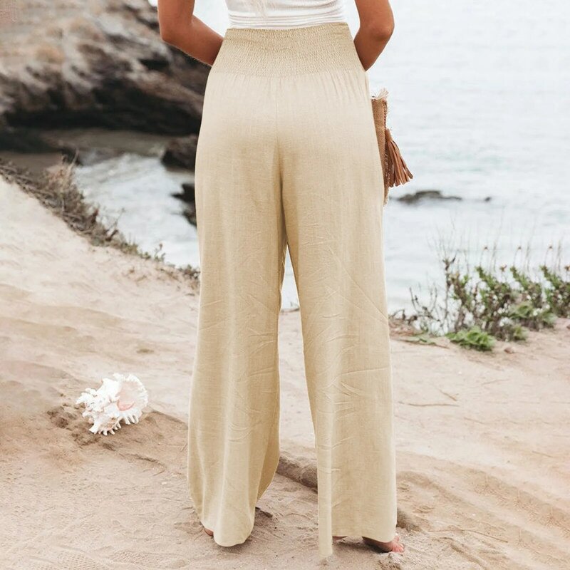 Pantalon droit en coton et lin pour femme, taille haute, décontracté, slim, noir, nouvelle collection printemps été 2024