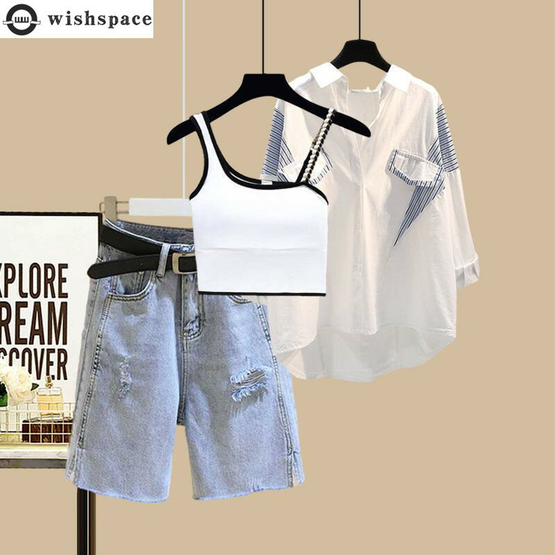 Sommer Set Damen neue Damen Sonnenschutz hemd abnehmen schlanken schlanken Riemen vielseitige Jeans shorts dreiteiliges Set