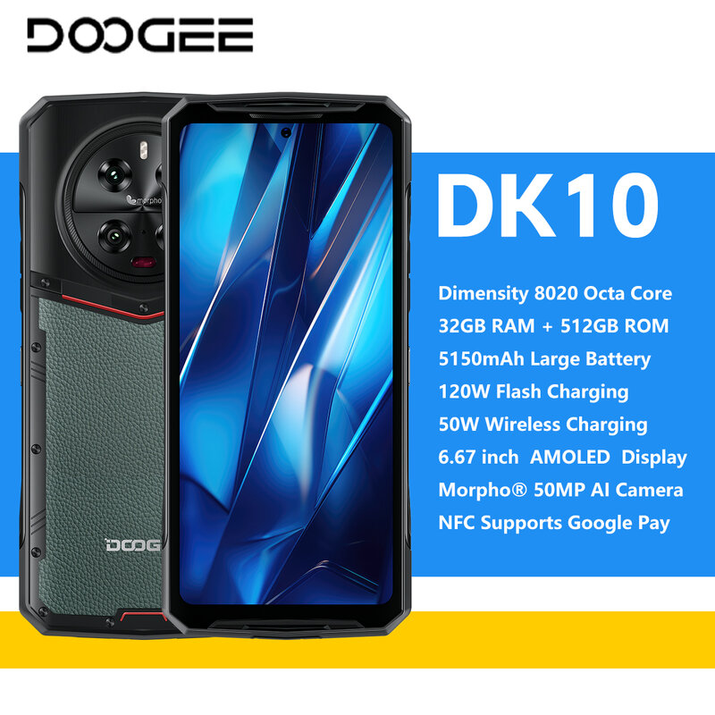DOOGEE DK10 Rugged Phone Dimensity 8020 6.67" 2K Display 32GB+512GB 50MP Camera 120W Fast Charge Android Cell Phone