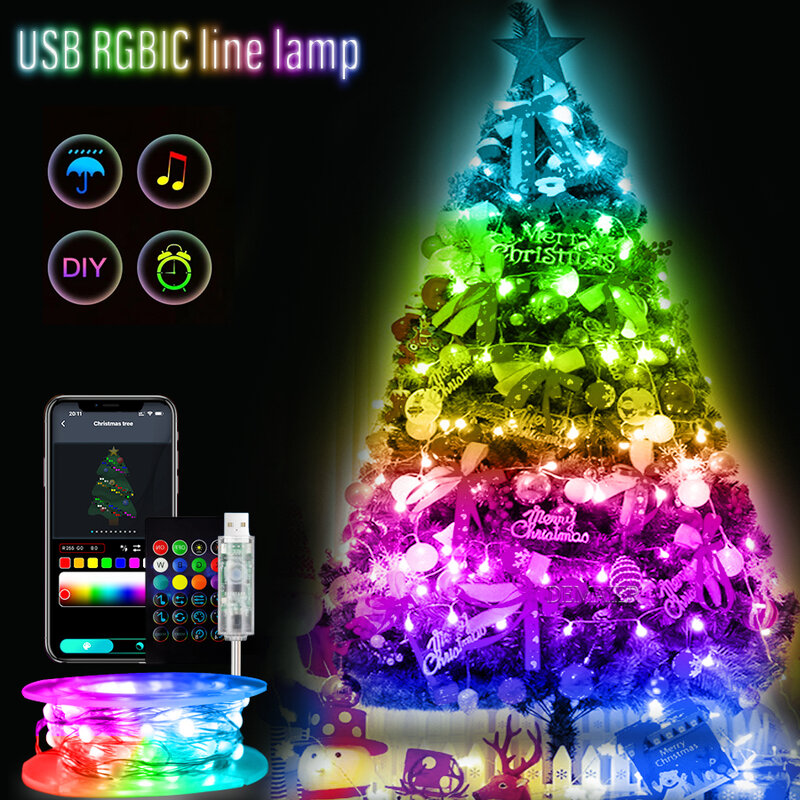 WS2812B pixeles RGBIC Fairy String USB Music Dream Color Light USB DC5V Navidad LED Garland, boda, fiesta de cumpleaños, decoración
