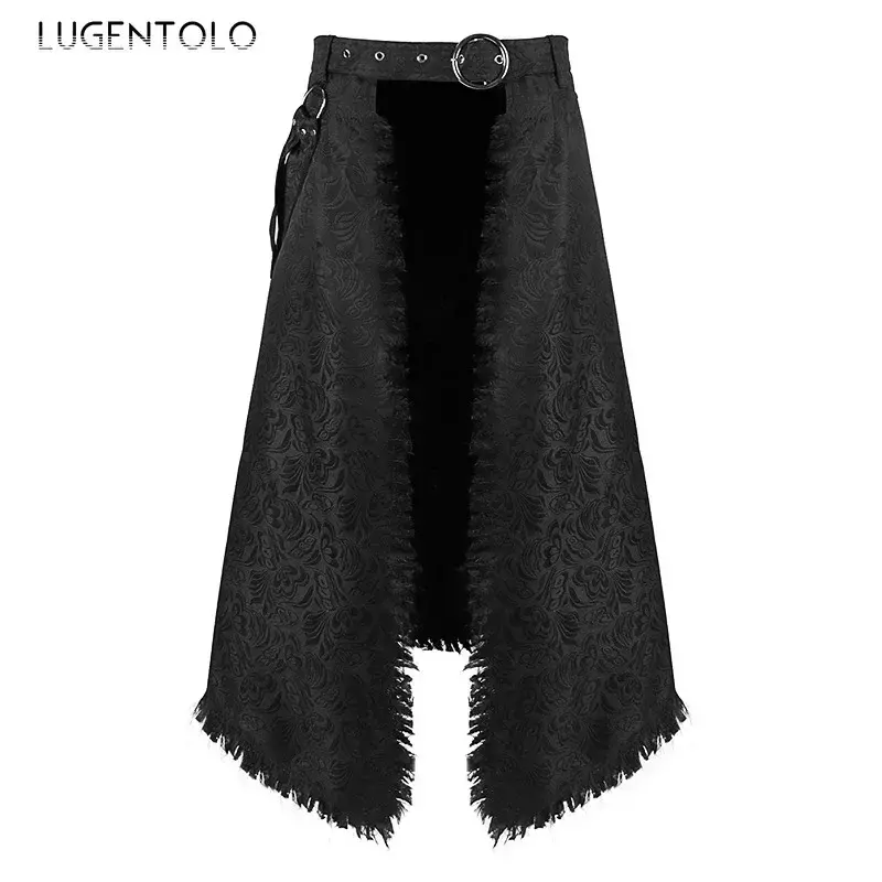 Lugentolo Men Dark Rock Skirt Punk Steam Gothic Party Asymmetric Jacquard Retro Casual Men's New Solid Fur Beard Half Skirt