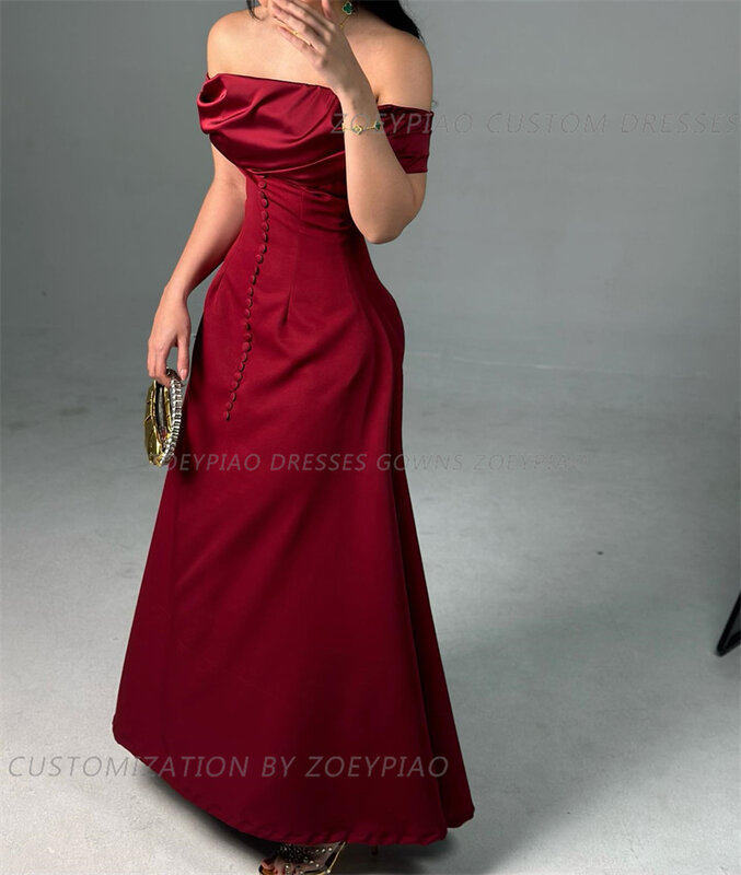 Bordowe czerwone satynowe nocna impreza suknie balowe guziki bez ramiączek krótkie rękawy wieczorowe suknie Vestidos femme