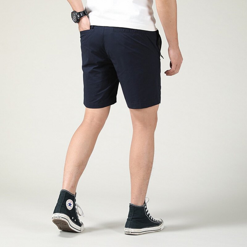 Celana pendek kargo ritsleting lurus katun musim panas 100% celana panjang lutut kasual Solid cuci celana pantai Khaki biru