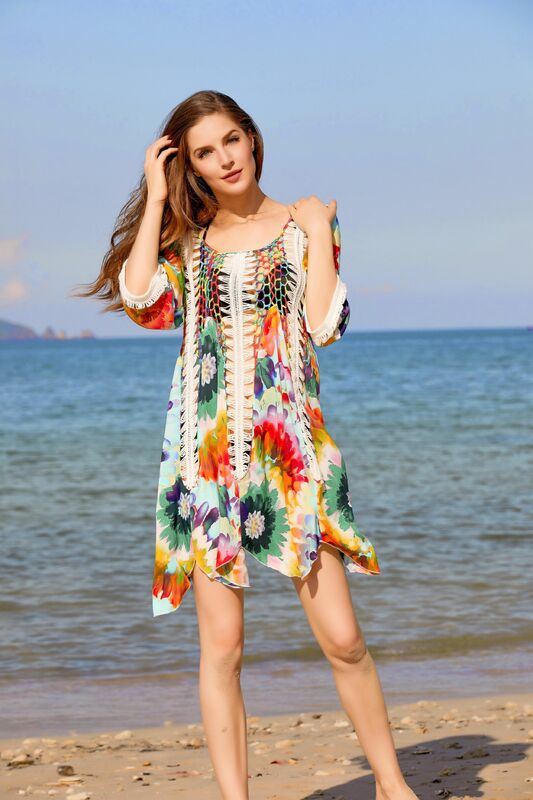 Vestido feminino de malha colorida para praia, capa de flor solta de férias, biquíni confortável, confortável, novo, verão