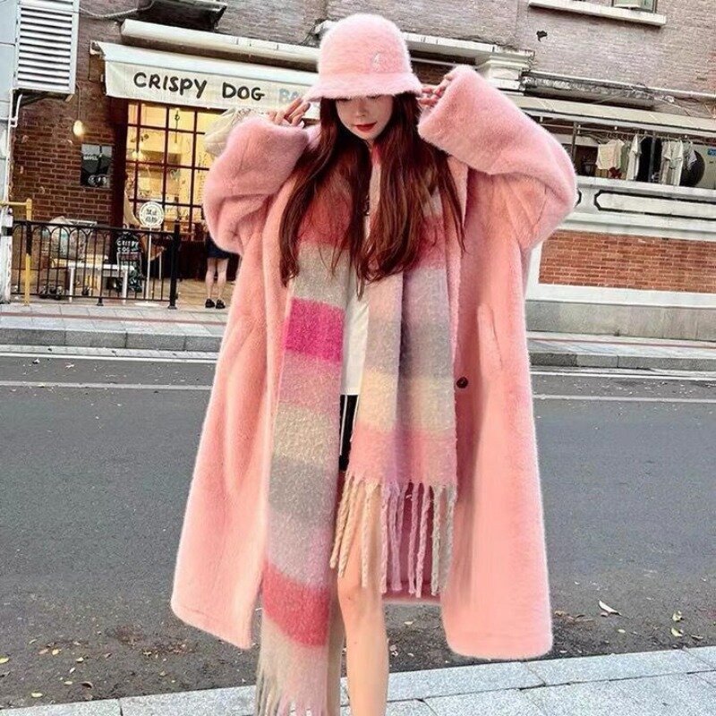 Imitation Mink Fur Overcoat Women Winter Thicken Thermal Double Breasted Faux Fur Coat Long Slim Fashion Casual Outwear 2023 New