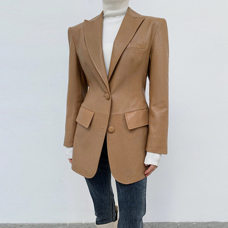 Mantel Blazer kulit asli untuk wanita, jaket Blazer kulit domba empuk, mantel pinggang pembentuk ramping mode 2024, mantel Blazer kulit domba untuk wanita