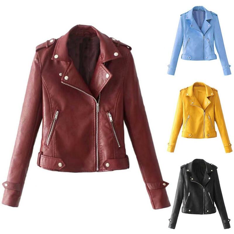 Long Sleeve Solid Color Lapel Women Jacket Coat Faux Leather Motorcycle Zip Up Coat