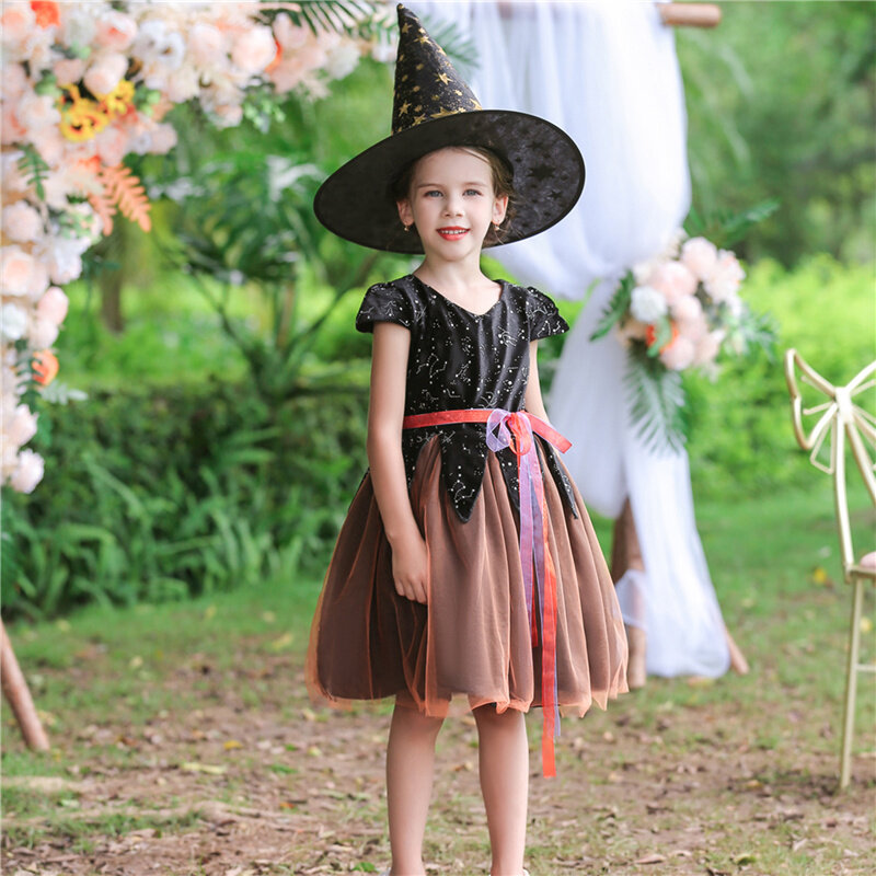 Vestido de manga de casquillo informal para niñas pequeñas, vestido de línea a de hilo de malla de Color de contraste de Cosplay de Halloween con sombrero de bruja, 2-12años