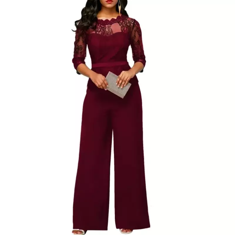 England Style Solid Color Jumpsuits for Women Patchwork Design Embroidery Decor See Through O-Neck High Waist Straight Rompers