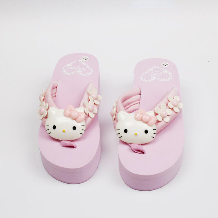 Sanrio Hello Kitty Slippers Y 2K Kawaii Cartoon Sandalen Mode Platform Schoenen Vrouwen Wig Flip Flop Hoge Hakken Slippers Dames