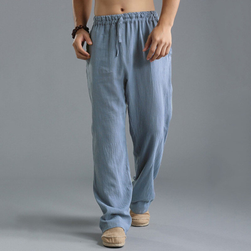 Pantalones deportivos de lino transpirables para hombre, ropa de calle holgada, estilo europeo y americano, 2022