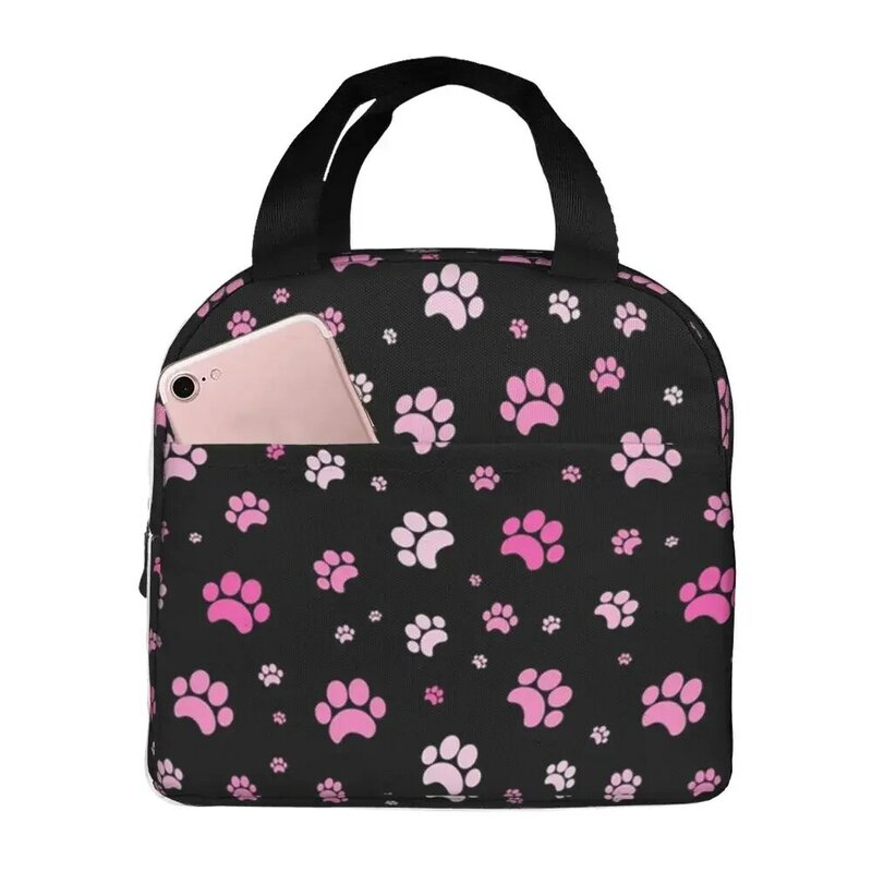 Red And Pink Dog Paw Pattern Lunch Box for Women Cooler Thermal Food Insulated Lunch Bag Office Work Resuable Picnic Tote Bags