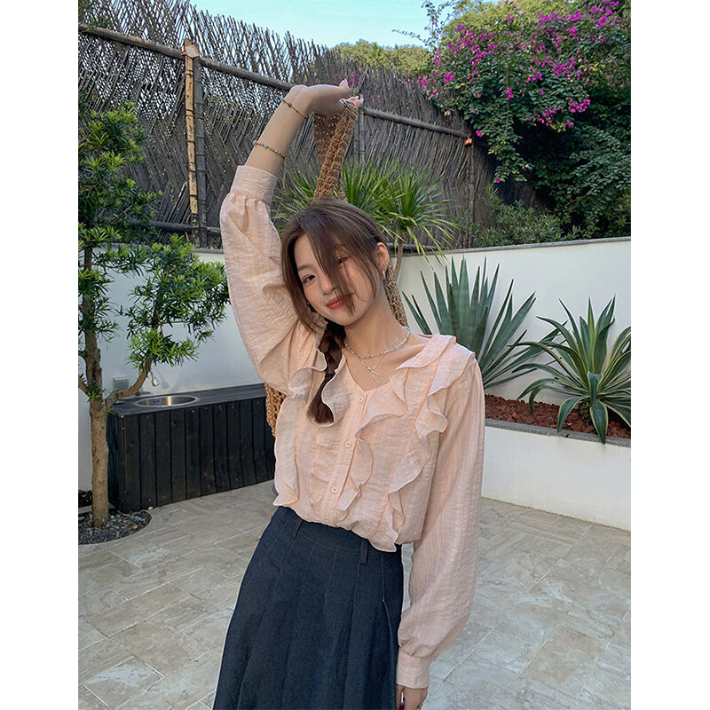 Mexzt süße Rüschen Hemden Frauen koreanischen rosa V-Ausschnitt Langarm Blusen Sommer Damen Mode elegant locker lässig schick Tops neu