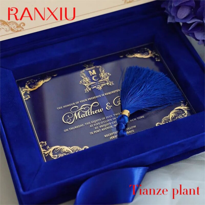 Caja de terciopelo azul real de lujo, tarjeta de invitación de boda, logotipo personalizado acrílico de alta calidad