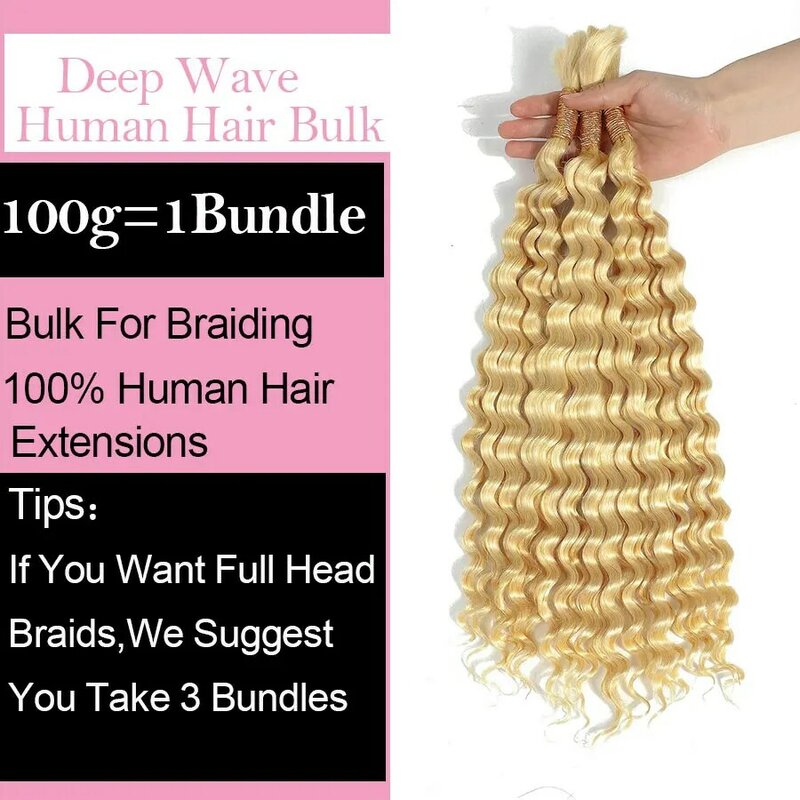 Blonde Deep Wave Trança Cabelo Humano, Bulk Tranças, Micro Trança, Crochet Bohemian, Box Tranças, 18 ", 20", 22 ", 613, 100g por PC