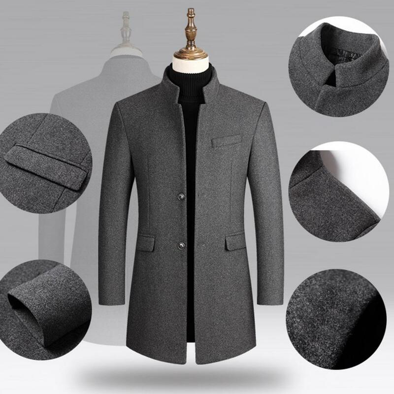 クラシックスタンドカラーウインドブレーカーコート、ポケット付きのスタイリッシュなウールコート、絶妙なボタン、秋冬