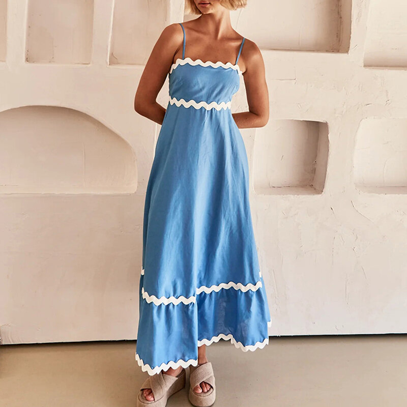 Vestido midi feminino plissado boêmio fluindo linha A, vestido de verão, alças de espaguete, solto, 2022