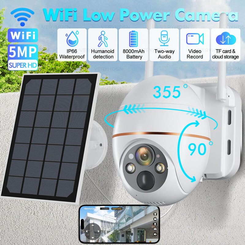 5MP Solar WIFI IP Camera 8000mAh Battery PTZ Surveillance Cameras Wireless PIR Human Tracking CCTV Outdoor HD Waterproof 5X Zoom