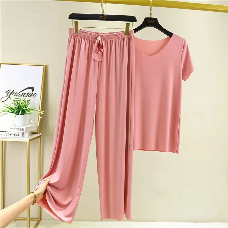 Women's Ice Silk Pajamas 2023 Spring Summer New Two Piece Sets V-neck Short Sleeve T-shirt Thin Home Clothes Wide Leg Pants Suit