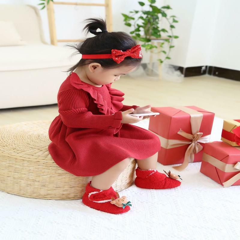 عيد الميلاد الكرتون أفخم الأحذية القطنية للطفل ، لينة سوليد ، عدم الانزلاق ، الدافئة ، طفل صغير ، الأولى مشوا
