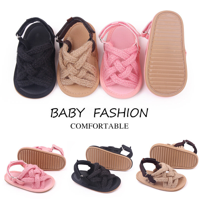 Сандалии для новорожденных девочек, модная обувь из пеньковой веревки, мягкая нескользящая подошва, минималистичные прогулочные туфли для малышей