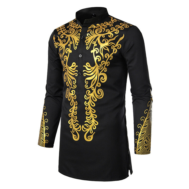 2024 afrykańska złota polerowana ubranie koszule moda afryka męska koszulka z długim rękawem średniej długości muzułmańska odzież codzienna wydrukowane bluzki