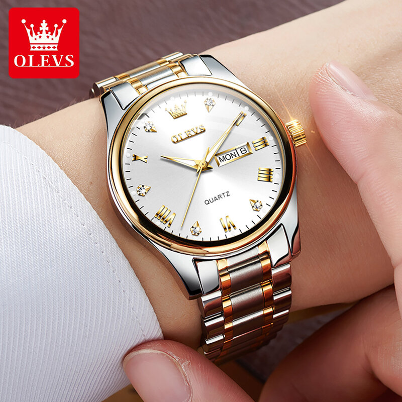 Olevs-メンズクォーツ時計,腕時計,カジュアル,ステンレス鋼バンド,週日付,明るい手,新品